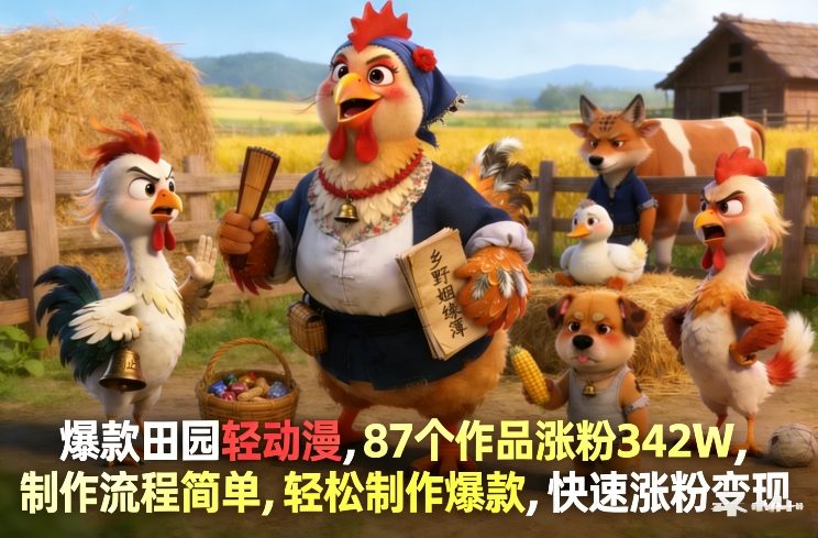 爆款田园轻动漫，87个作品涨粉342W，制作流程简单，轻松制作爆款，快速涨粉变现-百盟网
