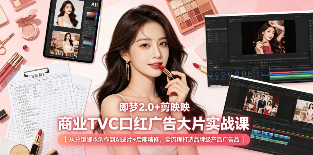 即梦2.0+剪映商业TVC口红广告大片实战课|从分镜脚本创作到AI成片+后期精修,全流程打造品牌级产品广告