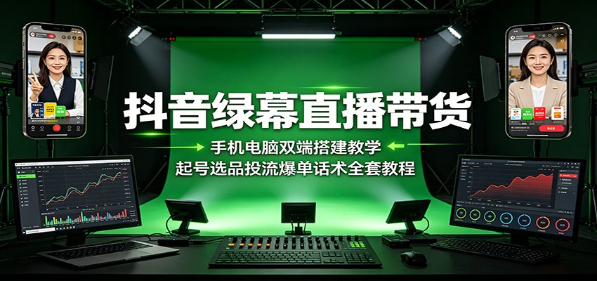 抖音绿幕直播带货:手机电脑双端搭建教学,起号选品投流爆单话术全套教程-百盟网