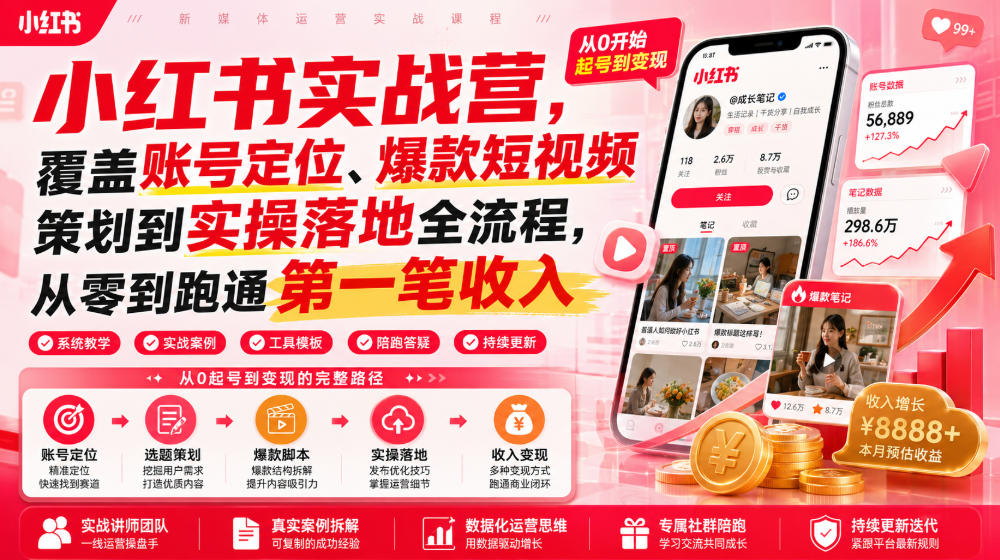 小红书实战营,覆盖账号定位、爆款短视频策划到实操落地全流程,从零到跑通第一笔收入-百盟网