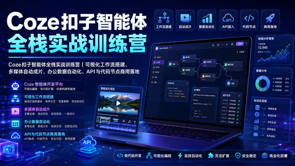 Coze扣子智能体全栈实战训练营｜可视化工作流搭建、多媒体自动成片、办公数据自动化、API与代码节点商用落地-百盟网