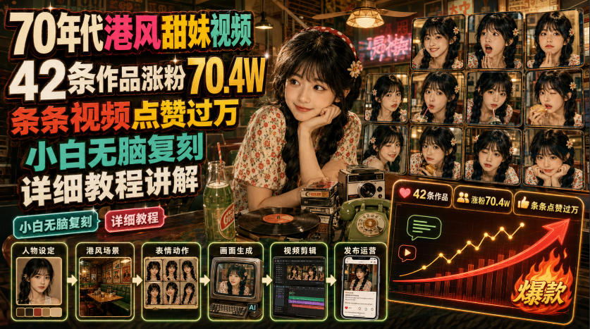 70年代港风甜妹视频,42条作品涨粉70.4W,条条视频点赞过万,小白无脑复刻,详细教程讲解-百盟网
