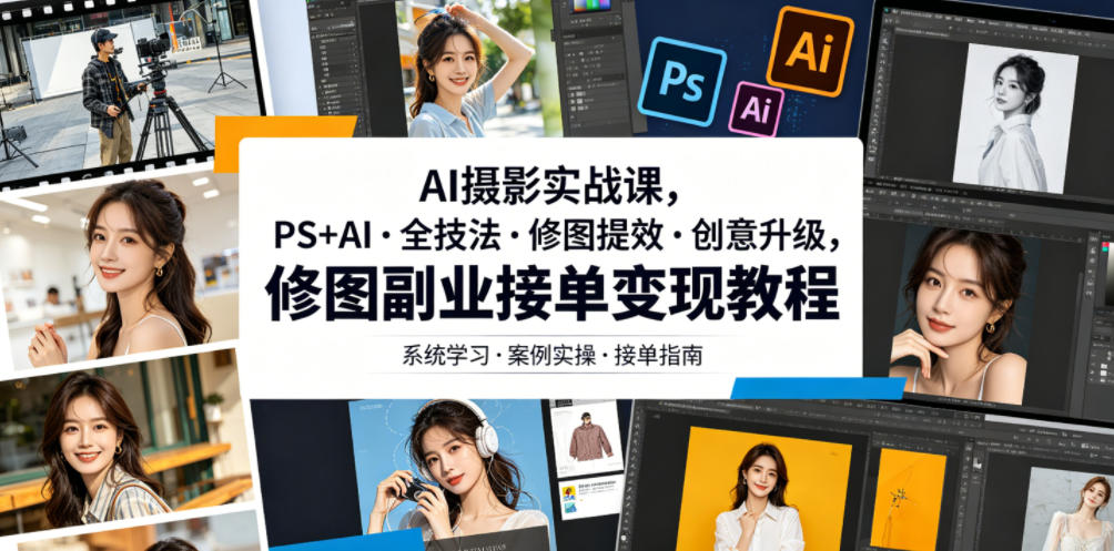 AI摄影实战课，PS+AI・全技法・修图提效・创意升级，修图副业接单变现教程-百盟网