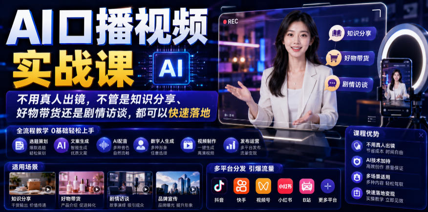 AI口播视频实战课,不用真人出镜,不管是知识分享、好物带货还是剧情访谈,都可以快速落地-百盟网
