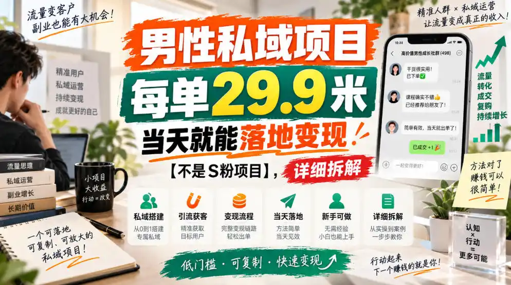 男性私域项目，每单29.9米，当天就能落地变现【不是S粉项目】，详细拆解-百盟网