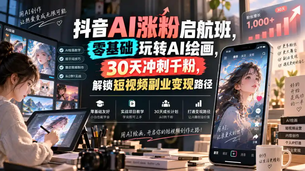 抖音AI涨粉启航班，零基础玩转AI绘画，30天冲刺千粉，解锁短视频副业变现路径-百盟网