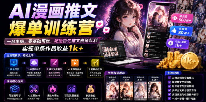 AI漫画推文爆单训练营，一台电脑，零基础可做，吃透百亿推文赛道红利，实现单条作品收益1k+-百盟网