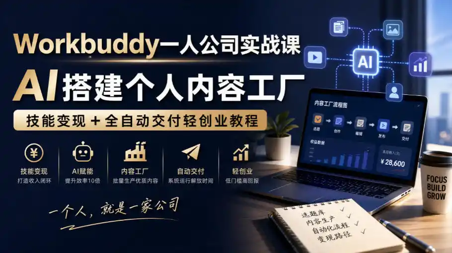 Workbuddy一人公司实战课，AI搭建个人内容工厂，技能变现+全自动交付轻创业教程-百盟网