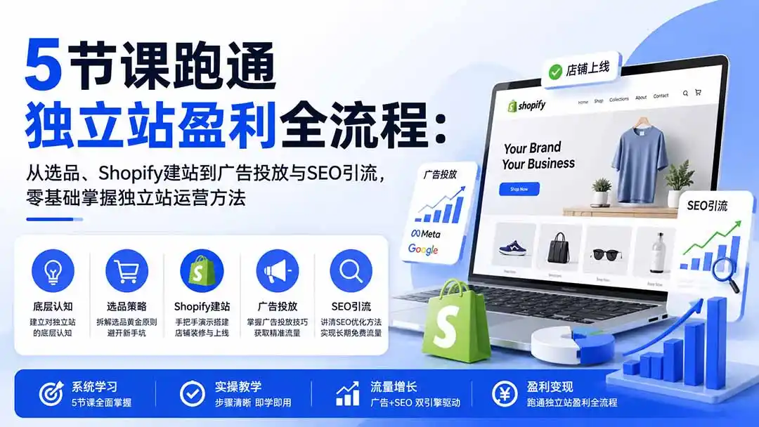 5节课跑通独立站盈利全流程：从选品、Shopify建站到广告投放与SEO引流，零基础掌握独立站运营方法-百盟网