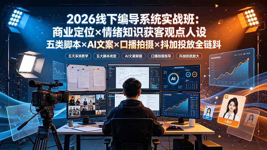 2026线下编导系统实战班:商业定位×情绪知识获客观点人设五类脚本×AI文案×口播拍摄×抖加投放全链路-百盟网