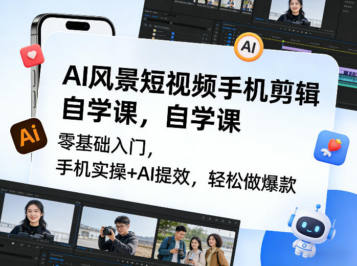 AI风景短视频手机剪辑自学课，零基础入门，手机实操+AI提效，轻松做爆款-百盟网