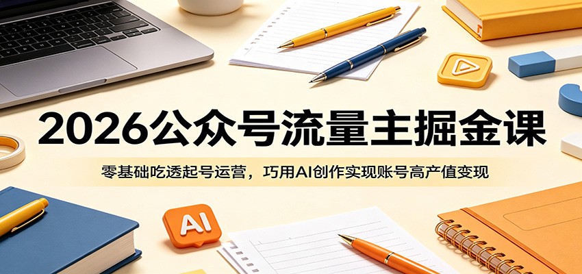 2026公众号流量主掘金课:零基础吃透起号运营,巧用AI创作实现账号高产值变现-百盟网