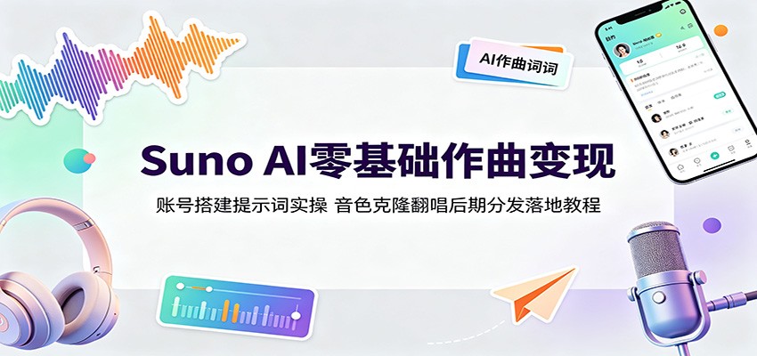 Suno AI零基础作曲变现：账号搭建提示词实操，音色克隆翻唱后期分发落地教程-百盟网