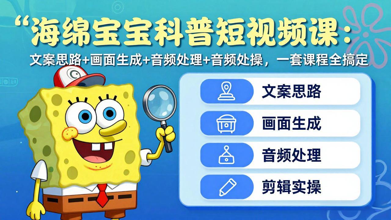 海绵宝宝科普短视频课：文案思路+画面生成+音频处理+剪辑实操，一套课程全搞定-百盟网
