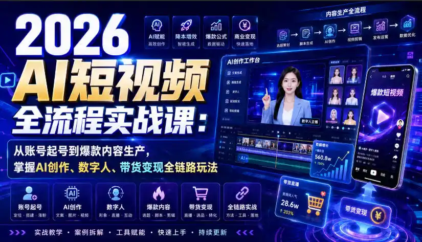 2026 AI短视频全流程实战课：从账号起号到爆款内容生产，掌握AI创作、数字人、带货变现全链路玩法-百盟网