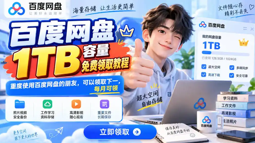 百度网盘1TB容量免费领取教程，重度使用百度网盘的朋友，可以领取下一，每月可领-百盟网