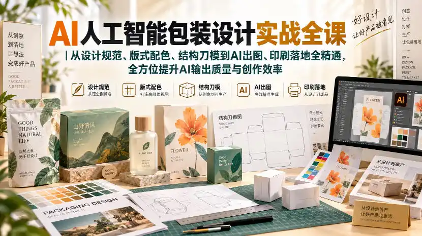 AI人工智能包装设计实战全课｜从设计规范、版式配色、结构刀模到AI出图、印刷落地全精通-百盟网