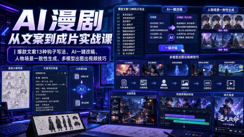AI漫剧从文案到成片实战课｜爆款文案13种钩子写法、AI一键改稿、人物场景一致性生成、多模型出图出视频技巧-百盟网