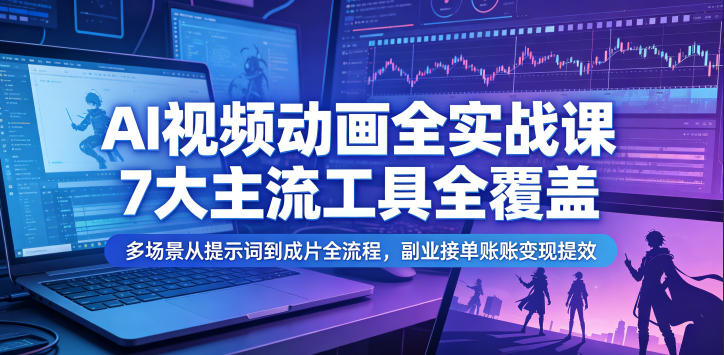 AI视频动画全实战课,7大主流工具全覆盖,多场景从提示词到成片全流程,副业接单账号变现提效-百盟网