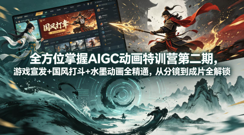全方位掌握AIGC动画特训营第二期,游戏宣发+国风打斗+水墨动画全精通,从分镜到成片全解锁-百盟网