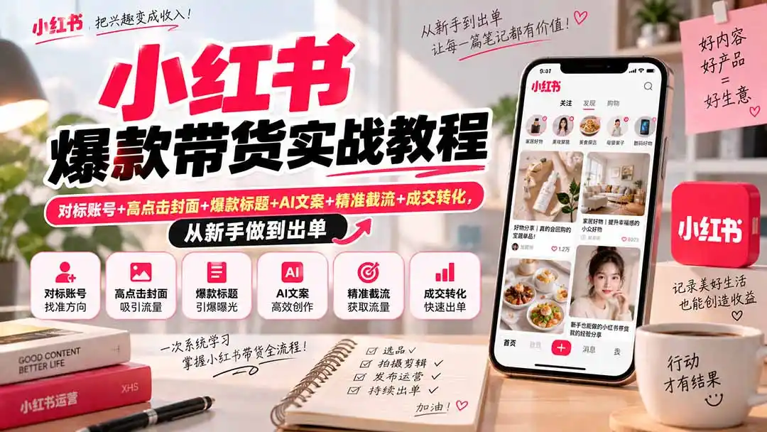 小红书爆款带货实战教程｜对标账号+高点击封面+爆款标题+AI文案+精准截流+成交转化，从新手做到出单-百盟网