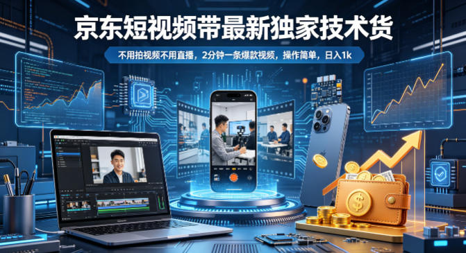 京东短视频带货最新独家技术,不用拍视频不用直播,2分钟一条爆款视频,操作简单,日入1k+【揭秘】-百盟网