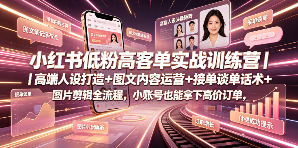 小红书低粉高客单实战训练营｜高端人设打造+图文内容运营+接单谈单话术+图片剪辑全流程，小账号也能拿下高价订单-百盟网