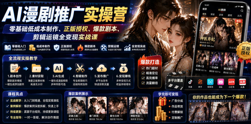AI漫剧推广实操营｜零基础低成本制作、正版授权、爆款剧本、剪辑运镜全变现实战课-百盟网