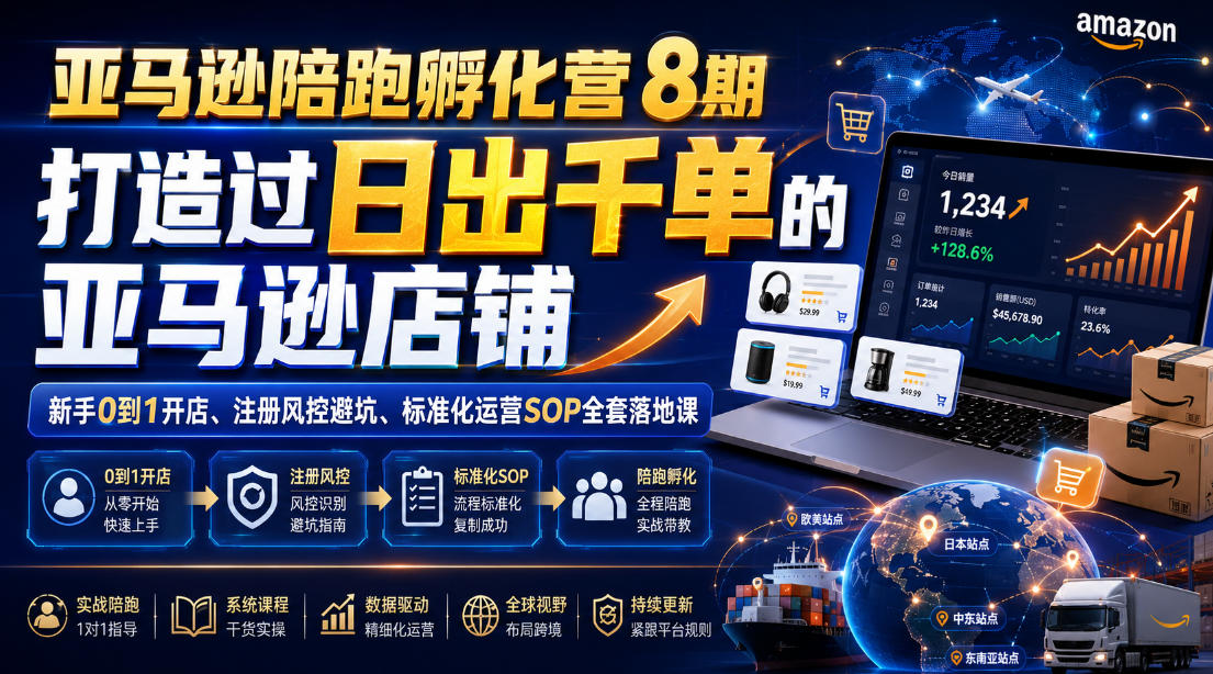 亚马逊陪跑孵化营8期,打造过日出千单的亚马逊店铺,新手0到1开店、注册风控避坑、标准化运营SOP全套落地课-百盟网