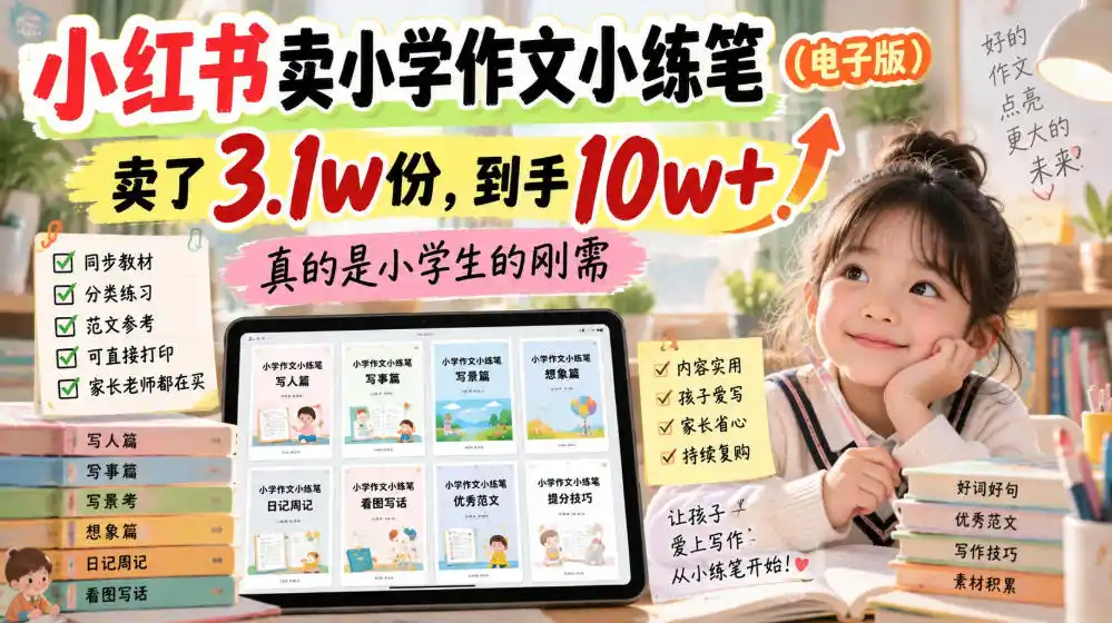 小红书卖小学作文小练笔(电子版)，卖了3.1w份，到手10w+，真的是小学生的刚需-百盟网