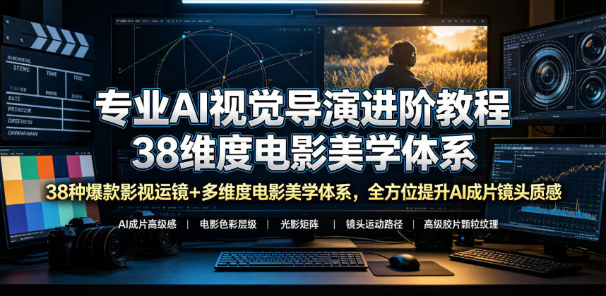 专业AI视觉导演进阶教程，38种爆款影视运镜+多维度电影美学体系，全方位提升AI成片高级感与镜头质感-百盟网
