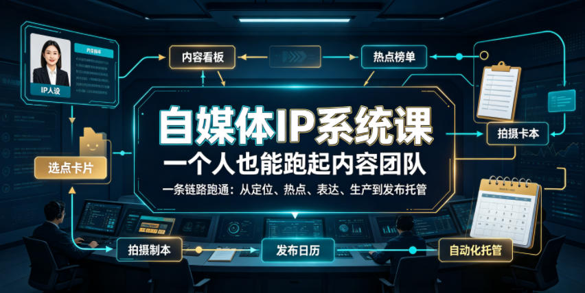 自媒体IP系统课,一个人也能跑起内容团队,一条链路跑通,从定位、热点、表达、生产到发布托管
