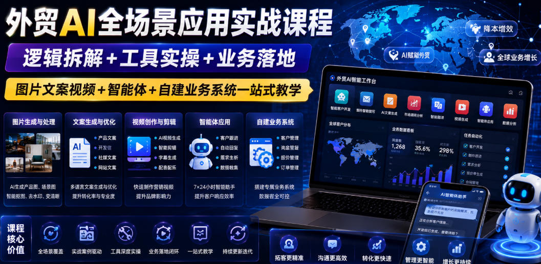 外贸AI全场景应用实战课程｜逻辑拆解+工具实操+业务落地，图片文案视频+智能体+自建业务系统一站式教学-百盟网