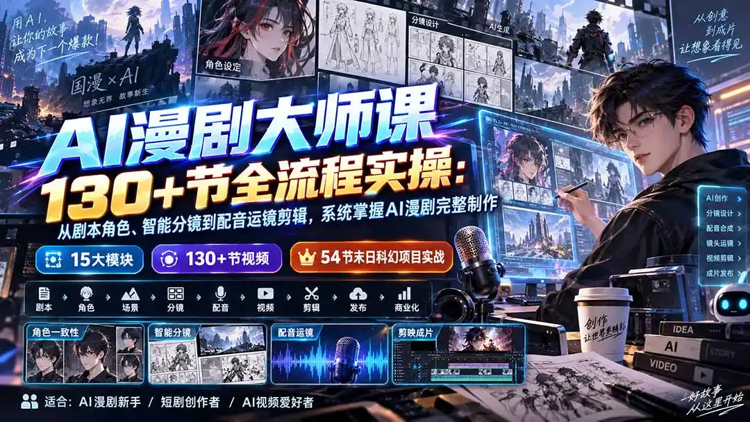 AI漫剧大师课130+节全流程实操：从剧本角色、智能分镜到配音运镜剪辑，系统掌握AI漫剧完整制作-百盟网