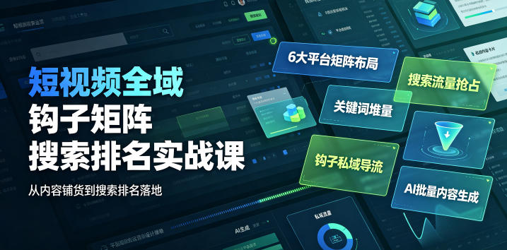 短视频全域钩子矩阵搜索排名实战课｜6大平台矩阵布局、关键词堆量抢占搜索流量、钩子私域导流、AI批量内容生成-百盟网