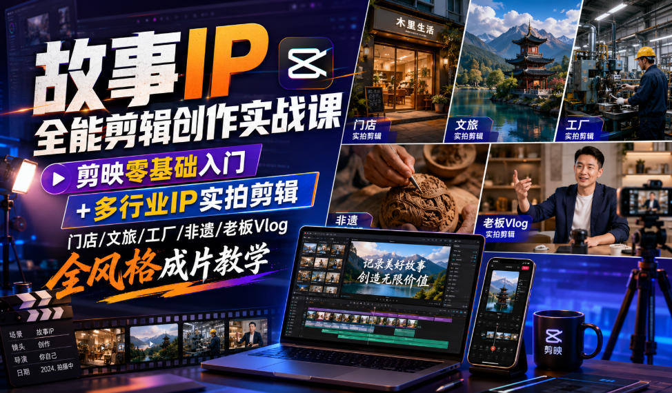 故事IP全能剪辑创作实战课|剪映零基础入门+多行业IP实拍剪辑,门店/文旅/工厂/非遗/老板Vlog全风格成片教学-百盟网