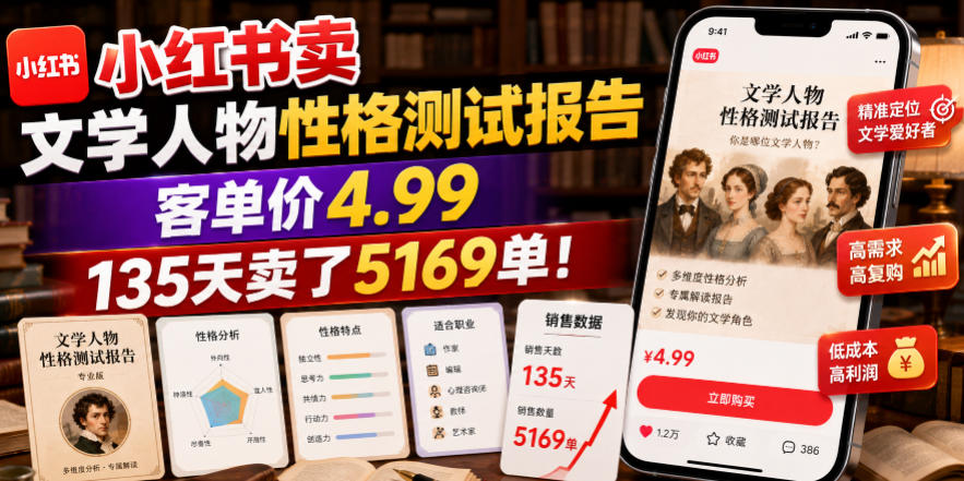小红书卖文学人物性格测试报告，客单价4.99，135天卖了5169单！-百盟网